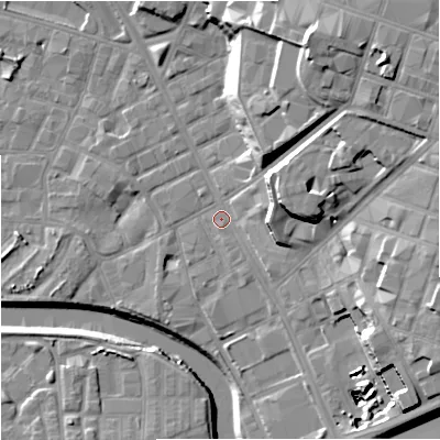 Shaded relief map of the ground around M31FF, computed from Environment Agency LiDAR. The ground here sits at about 27 m above sea level and falls 27 m across the surrounding 800 m. Surface water reaching this point runs off ground lying to the east-north-east, 19.5 m higher.