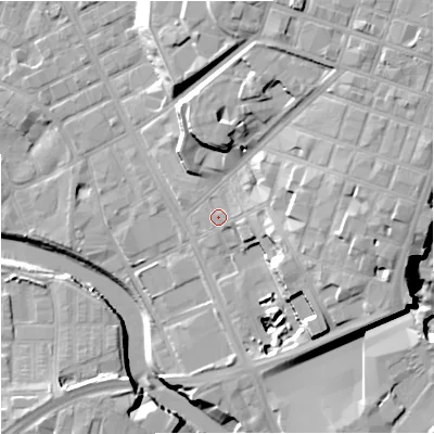 Shaded relief map of the ground around M31LN, computed from Environment Agency LiDAR. The ground here sits at about 31 m above sea level and falls 29 m across the surrounding 800 m. Surface water reaching this point runs off ground lying to the east-north-east, 12.2 m higher.