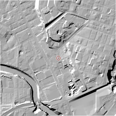 Shaded relief map of the ground around M31LS, computed from Environment Agency LiDAR. The ground here sits at about 31 m above sea level and falls 29 m across the surrounding 800 m. Surface water reaching this point runs off ground lying to the east-north-east, 11.9 m higher.