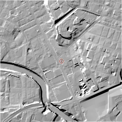 Shaded relief map of the ground around M31LT, computed from Environment Agency LiDAR. The ground here sits at about 29 m above sea level and falls 28 m across the surrounding 800 m. Surface water reaching this point runs off ground lying to the north-east, 20.9 m higher.