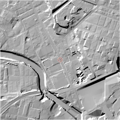 Shaded relief map of the ground around M31LU, computed from Environment Agency LiDAR. The ground here sits at about 28 m above sea level and falls 28 m across the surrounding 800 m. Surface water reaching this point runs off ground lying to the east-north-east, 20.8 m higher.