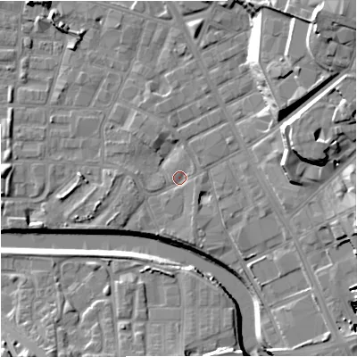 Shaded relief map of the ground around M31ND, computed from Environment Agency LiDAR. The ground here sits at about 27 m above sea level and falls 26 m across the surrounding 800 m. Surface water reaching this point runs off ground lying to the north-west, 2.5 m higher.