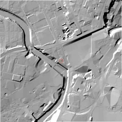 Shaded relief map of the ground around M31NF, computed from Environment Agency LiDAR. The ground here sits at about 29 m above sea level and falls 24 m across the surrounding 800 m. Surface water reaching this point runs off ground lying to the north, 2.5 m higher.