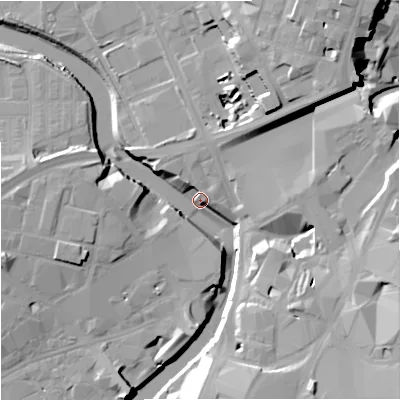Shaded relief map of the ground around M31NG, computed from Environment Agency LiDAR. The ground here sits at about 27 m above sea level and falls 24 m across the surrounding 800 m. Surface water reaching this point runs off ground lying to the north-east, 23.4 m higher.