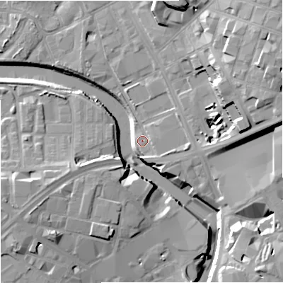 Shaded relief map of the ground around M31NH, computed from Environment Agency LiDAR. The ground here sits at about 28 m above sea level and falls 24 m across the surrounding 800 m. Surface water reaching this point runs off ground lying to the east, 3.2 m higher.