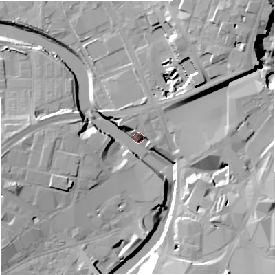 Shaded relief map of the ground around M31NJ, computed from Environment Agency LiDAR. The ground here sits at about 27 m above sea level and falls 24 m across the surrounding 800 m. Surface water reaching this point runs off ground lying to the west-north-west, 2.0 m higher.