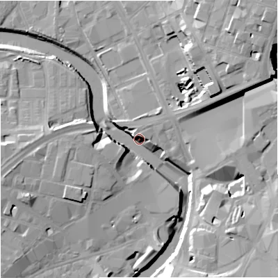 Shaded relief map of the ground around M31NL, computed from Environment Agency LiDAR. The ground here sits at about 27 m above sea level and falls 24 m across the surrounding 800 m. Surface water reaching this point runs off ground lying to the north-east, 23.3 m higher.