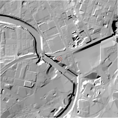 Shaded relief map of the ground around M31NN, computed from Environment Agency LiDAR. The ground here sits at about 30 m above sea level and falls 24 m across the surrounding 800 m. Surface water reaching this point runs off ground lying to the west-south-west, 1.7 m higher.