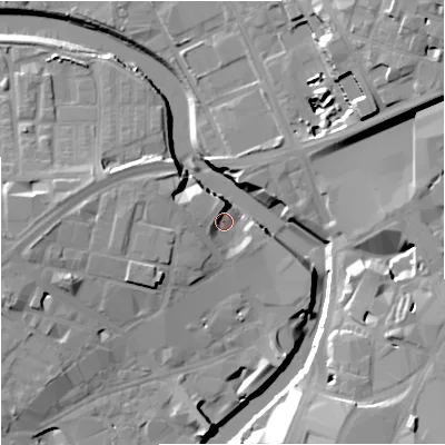 Shaded relief map of the ground around M31NQ, computed from Environment Agency LiDAR. The ground here sits at about 27 m above sea level and falls 23 m across the surrounding 800 m. Surface water reaching this point runs off ground lying to the west-north-west, 4.7 m higher.