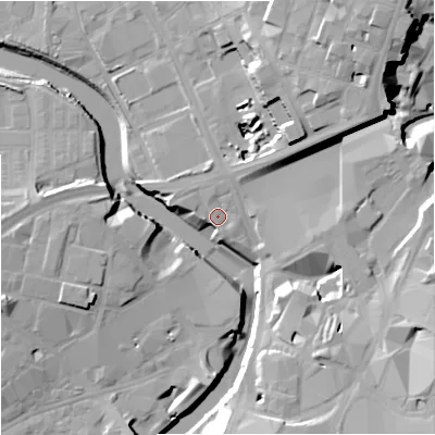 Shaded relief map of the ground around M31PJ, computed from Environment Agency LiDAR. The ground here sits at about 29 m above sea level and falls 24 m across the surrounding 800 m. Surface water reaching this point runs off ground lying to the north-north-east, 5.0 m higher.
