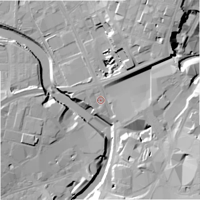 Shaded relief map of the ground around M31PQ, computed from Environment Agency LiDAR. The ground here sits at about 29 m above sea level and falls 24 m across the surrounding 800 m. Surface water reaching this point runs off ground lying to the north-east, 11.2 m higher.