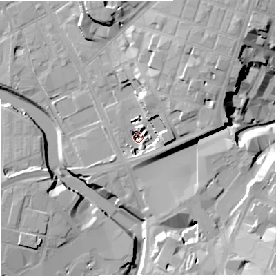 Shaded relief map of the ground around M31PT, computed from Environment Agency LiDAR. The ground here sits at about 24 m above sea level and falls 27 m across the surrounding 800 m. Surface water reaching this point runs off ground lying to the east, 16.0 m higher.