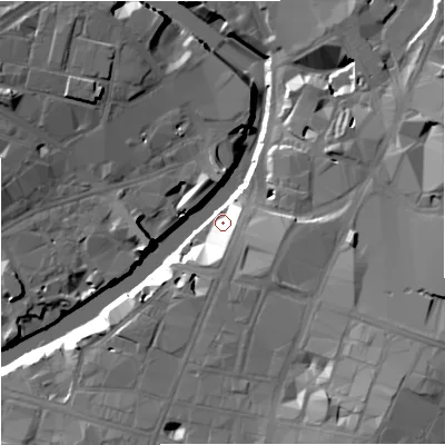 Shaded relief map of the ground around M31RH, computed from Environment Agency LiDAR. The ground here sits at about 28 m above sea level and falls 25 m across the surrounding 800 m. Surface water reaching this point runs off ground lying to the east-south-east, 16.2 m higher.