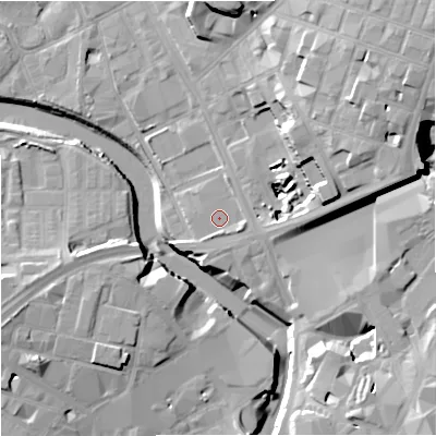 Shaded relief map of the ground around M31RR, computed from Environment Agency LiDAR. The ground here sits at about 29 m above sea level and falls 26 m across the surrounding 800 m. Surface water reaching this point runs off ground lying to the east-south-east, 1.5 m higher.