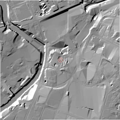Shaded relief map of the ground around M31SB, computed from Environment Agency LiDAR. The ground here sits at about 33 m above sea level and falls 26 m across the surrounding 800 m. Surface water reaching this point runs off ground lying to the south-south-east, 3.4 m higher.