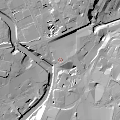 Shaded relief map of the ground around M31UN, computed from Environment Agency LiDAR. The ground here sits at about 31 m above sea level and falls 24 m across the surrounding 800 m. Surface water reaching this point runs off ground lying to the south-east, 1.7 m higher.