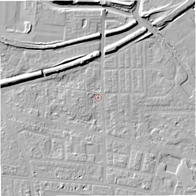 Shaded relief map of the ground around M320AZ, computed from Environment Agency LiDAR. The ground here sits at about 24 m above sea level and falls 12 m across the surrounding 800 m. Surface water reaching this point runs off ground lying to the north, 7.5 m higher.