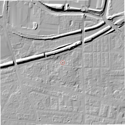 Shaded relief map of the ground around M320BB, computed from Environment Agency LiDAR. The ground here sits at about 24 m above sea level and falls 12 m across the surrounding 800 m. Surface water reaching this point runs off ground lying to the north, 6.8 m higher.