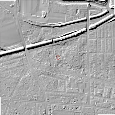Shaded relief map of the ground around M320BJ, computed from Environment Agency LiDAR. The ground here sits at about 23 m above sea level and falls 10 m across the surrounding 800 m. Surface water reaching this point runs off ground lying to the north-east, 8.2 m higher.