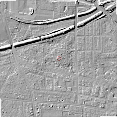 Shaded relief map of the ground around M320BL, computed from Environment Agency LiDAR. The ground here sits at about 25 m above sea level and falls 9 m across the surrounding 800 m. Surface water reaching this point runs off ground lying to the north-north-east, 1.9 m higher.