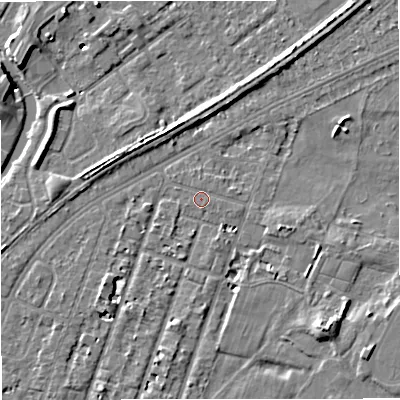 Shaded relief map of the ground around M328GJ, computed from Environment Agency LiDAR. The ground here sits at about 27 m above sea level and falls 8 m across the surrounding 800 m. Surface water reaching this point runs off ground lying to the south-south-west, 1.3 m higher.