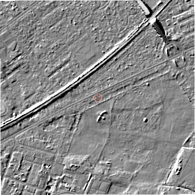 Shaded relief map of the ground around M328GN, computed from Environment Agency LiDAR. The ground here sits at about 26 m above sea level and falls 8 m across the surrounding 800 m. Surface water reaching this point runs off ground lying to the east-north-east, 3.8 m higher.