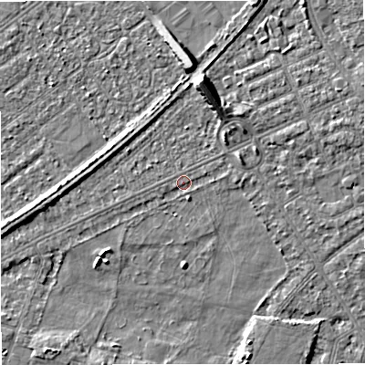 Shaded relief map of the ground around M328GP, computed from Environment Agency LiDAR. The ground here sits at about 27 m above sea level and falls 8 m across the surrounding 800 m. Surface water reaching this point runs off ground lying to the north-east, 1.9 m higher.