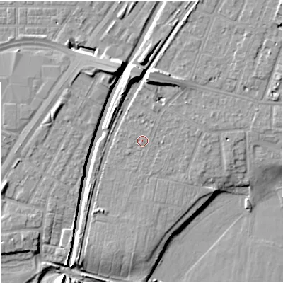 Shaded relief map of the ground around M328HT, computed from Environment Agency LiDAR. The ground here sits at about 26 m above sea level and falls 12 m across the surrounding 800 m. Surface water reaching this point runs off ground lying to the north, 6.5 m higher.