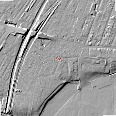 Shaded relief map of the ground around M328JA, computed from Environment Agency LiDAR. The ground here sits at about 27 m above sea level and falls 12 m across the surrounding 800 m. Surface water reaching this point runs off ground lying to the east, 0.6 m higher.