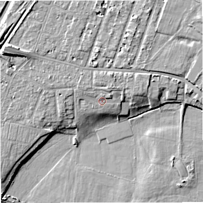 Shaded relief map of the ground around M328JB, computed from Environment Agency LiDAR. The ground here sits at about 25 m above sea level and falls 11 m across the surrounding 800 m. Surface water reaching this point runs off ground lying to the north-west, 1.3 m higher.