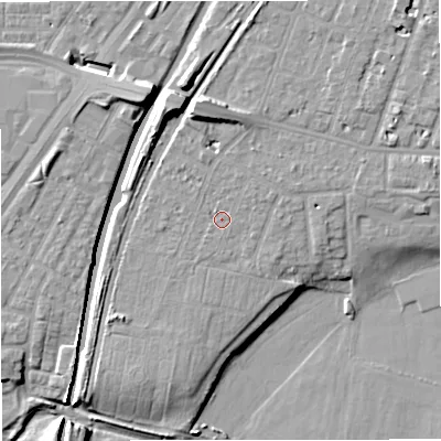 Shaded relief map of the ground around M328JD, computed from Environment Agency LiDAR. The ground here sits at about 26 m above sea level and falls 12 m across the surrounding 800 m. Surface water reaching this point runs off ground lying to the north-north-west, 6.5 m higher.