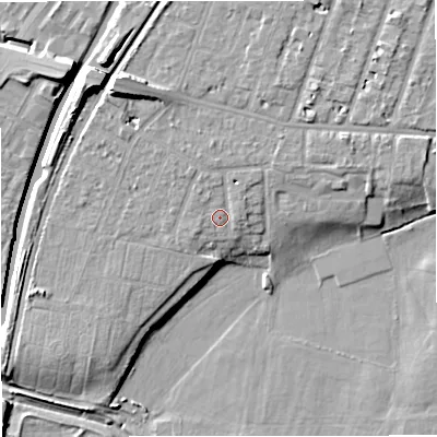 Shaded relief map of the ground around M328JF, computed from Environment Agency LiDAR. The ground here sits at about 26 m above sea level and falls 12 m across the surrounding 800 m. Surface water reaching this point runs off ground lying to the north-north-west, 1.5 m higher.