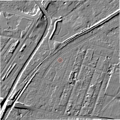 Shaded relief map of the ground around M328JG, computed from Environment Agency LiDAR. The ground here sits at about 27 m above sea level and falls 11 m across the surrounding 800 m. Surface water reaching this point runs off ground lying to the south-west, 5.3 m higher.