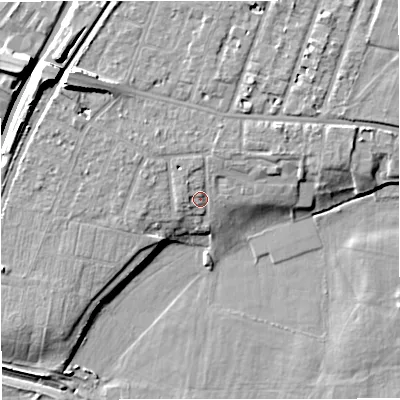 Shaded relief map of the ground around M328JJ, computed from Environment Agency LiDAR. The ground here sits at about 25 m above sea level and falls 12 m across the surrounding 800 m. Surface water reaching this point runs off ground lying to the north-north-east, 2.4 m higher.