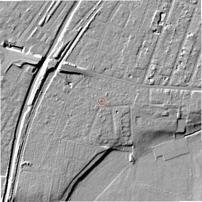 Shaded relief map of the ground around M328JL, computed from Environment Agency LiDAR. The ground here sits at about 27 m above sea level and falls 12 m across the surrounding 800 m. Surface water reaching this point runs off ground lying to the north-north-west, 0.5 m higher.