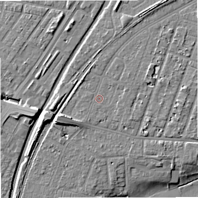 Shaded relief map of the ground around M328JQ, computed from Environment Agency LiDAR. The ground here sits at about 26 m above sea level and falls 11 m across the surrounding 800 m. Surface water reaching this point runs off ground lying to the east-north-east, 0.9 m higher.