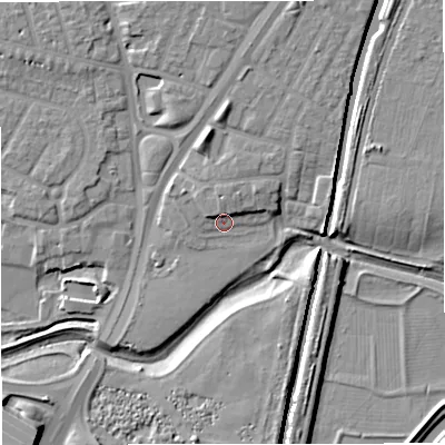 Shaded relief map of the ground around M328NE, computed from Environment Agency LiDAR. The ground here sits at about 24 m above sea level and falls 12 m across the surrounding 800 m. Surface water reaching this point runs off ground lying to the north-north-west, 3.2 m higher.