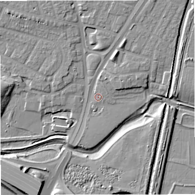 Shaded relief map of the ground around M328NG, computed from Environment Agency LiDAR. The ground here sits at about 23 m above sea level and falls 13 m across the surrounding 800 m. Surface water reaching this point runs off ground lying to the north-north-east, 1.3 m higher.