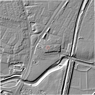 Shaded relief map of the ground around M328NQ, computed from Environment Agency LiDAR. The ground here sits at about 26 m above sea level and falls 11 m across the surrounding 800 m. Surface water reaching this point runs off ground lying to the east, 1.1 m higher.