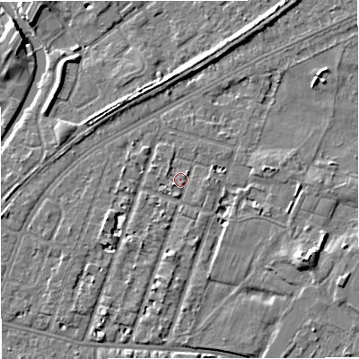 Shaded relief map of the ground around M328NW, computed from Environment Agency LiDAR. The ground here sits at about 27 m above sea level and falls 8 m across the surrounding 800 m. Surface water reaching this point runs off ground lying to the east, 2.8 m higher.