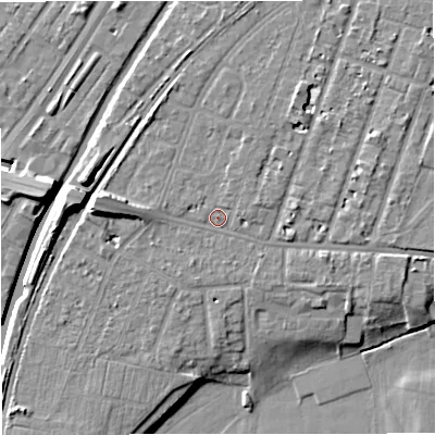 Shaded relief map of the ground around M328PA, computed from Environment Agency LiDAR. The ground here sits at about 27 m above sea level and falls 12 m across the surrounding 800 m. Surface water reaching this point runs off ground lying to the west, 2.1 m higher.