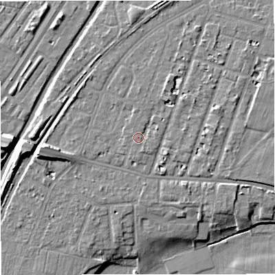 Shaded relief map of the ground around M328PB, computed from Environment Agency LiDAR. The ground here sits at about 27 m above sea level and falls 11 m across the surrounding 800 m. Surface water reaching this point runs off ground lying to the south-south-east, 1.2 m higher.