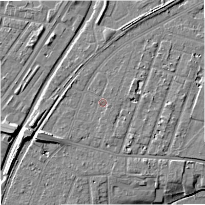Shaded relief map of the ground around M328PD, computed from Environment Agency LiDAR. The ground here sits at about 27 m above sea level and falls 11 m across the surrounding 800 m. Surface water reaching this point runs off ground lying to the south-east, 0.8 m higher.
