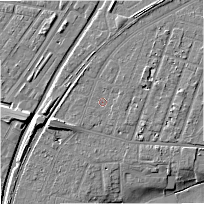 Shaded relief map of the ground around M328PE, computed from Environment Agency LiDAR. The ground here sits at about 26 m above sea level and falls 11 m across the surrounding 800 m. Surface water reaching this point runs off ground lying to the east-north-east, 0.9 m higher.