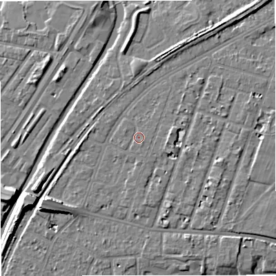 Shaded relief map of the ground around M328PF, computed from Environment Agency LiDAR. The ground here sits at about 27 m above sea level and falls 11 m across the surrounding 800 m. Surface water reaching this point runs off ground lying to the south-east, 0.7 m higher.