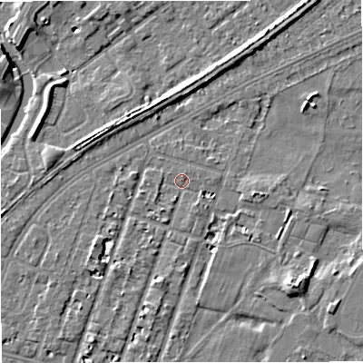 Shaded relief map of the ground around M328PG, computed from Environment Agency LiDAR. The ground here sits at about 26 m above sea level and falls 8 m across the surrounding 800 m. Surface water reaching this point runs off ground lying to the east, 2.8 m higher.