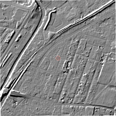 Shaded relief map of the ground around M328PH, computed from Environment Agency LiDAR. The ground here sits at about 27 m above sea level and falls 10 m across the surrounding 800 m. Surface water reaching this point runs off ground lying to the south-east, 1.4 m higher.