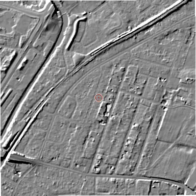 Shaded relief map of the ground around M328PJ, computed from Environment Agency LiDAR. The ground here sits at about 27 m above sea level and falls 8 m across the surrounding 800 m. Surface water reaching this point runs off ground lying to the south-south-east, 1.4 m higher.