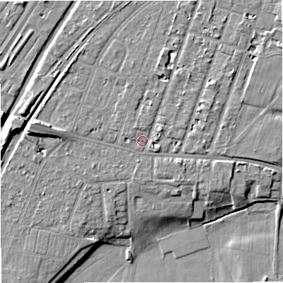 Shaded relief map of the ground around M328PL, computed from Environment Agency LiDAR. The ground here sits at about 26 m above sea level and falls 12 m across the surrounding 800 m. Surface water reaching this point runs off ground lying to the west, 2.5 m higher.