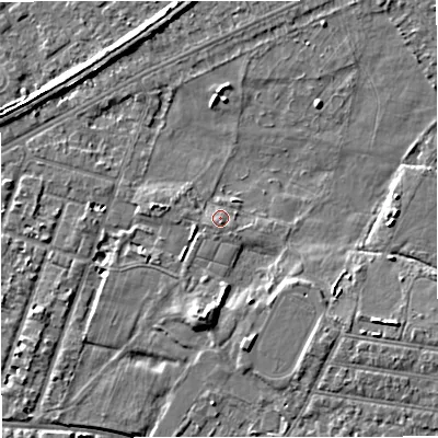 Shaded relief map of the ground around M328PR, computed from Environment Agency LiDAR. The ground here sits at about 27 m above sea level and falls 5 m across the surrounding 800 m. Surface water reaching this point runs off ground lying to the south-west, 1.1 m higher.